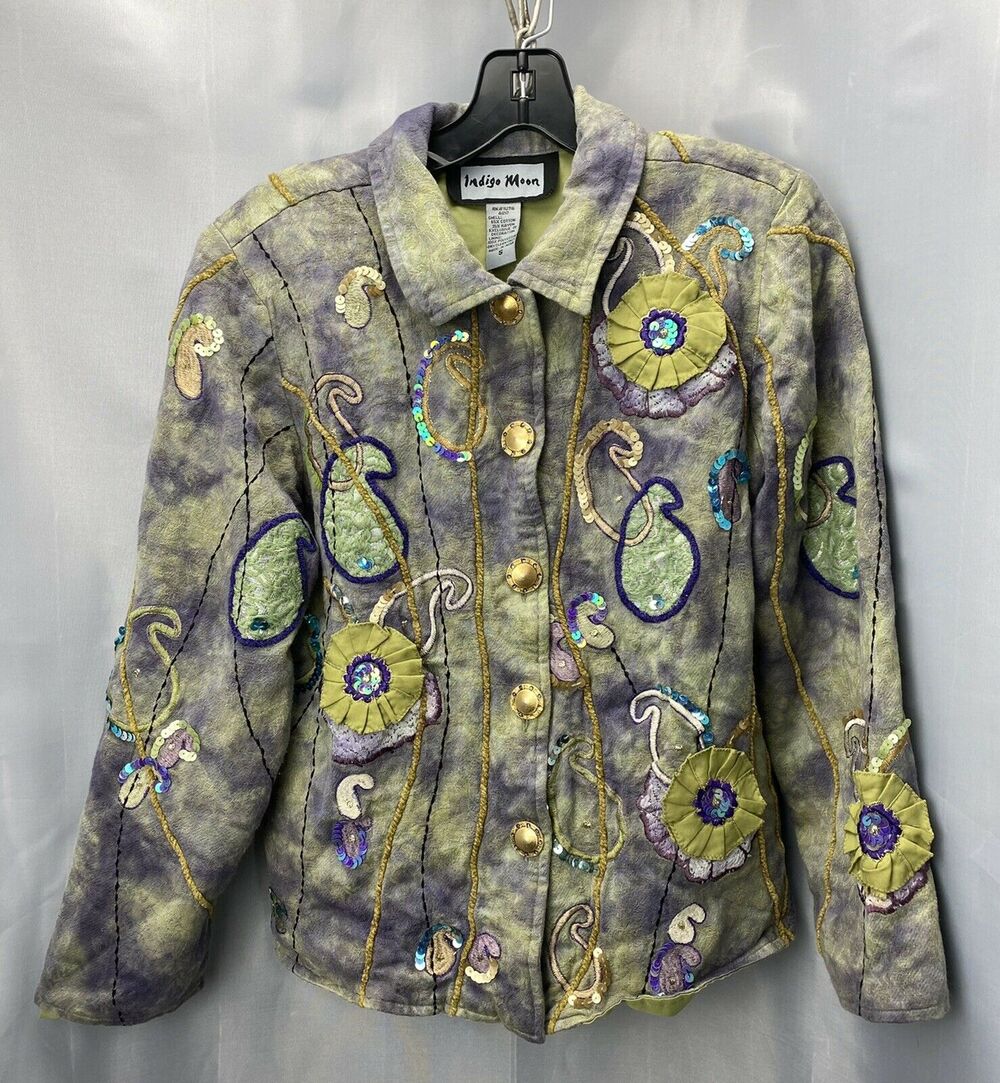 Embroidered Jacket Small Indigo Moon ART TO WEAR Flowers Embroidery